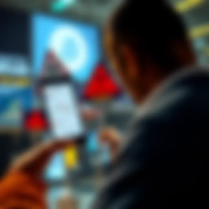 Bitcoin Sales Warning A person looking at a smartphone displaying Bitcoin charts and social media posts from influencers, with warning signs in the background.