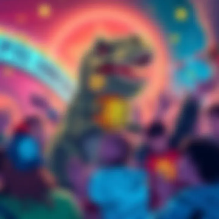 A vibrant illustration showing a dinosaur themed around Bitcoin, surrounded by excited crypto fans and festive decorations for the Upril launch.