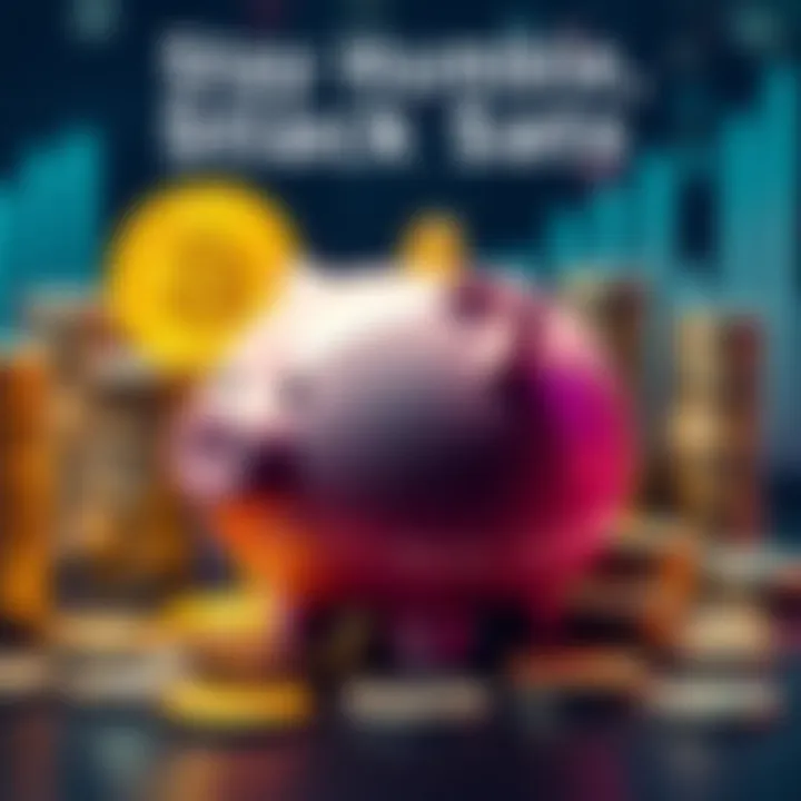 A person saving Bitcoin in a piggy bank with stacks of digital coins around them, promoting financial growth and humility