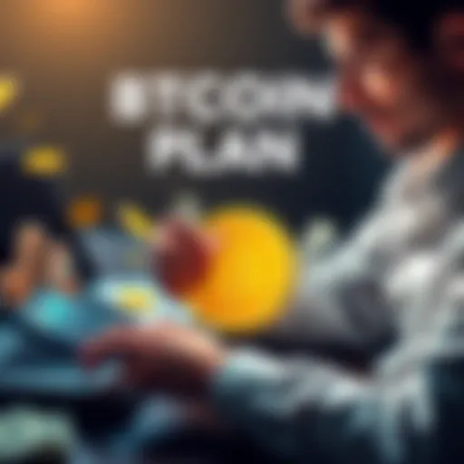A person calculating Bitcoin investment with a calculator and laptop, surrounded by dollar bills and Bitcoin symbols.