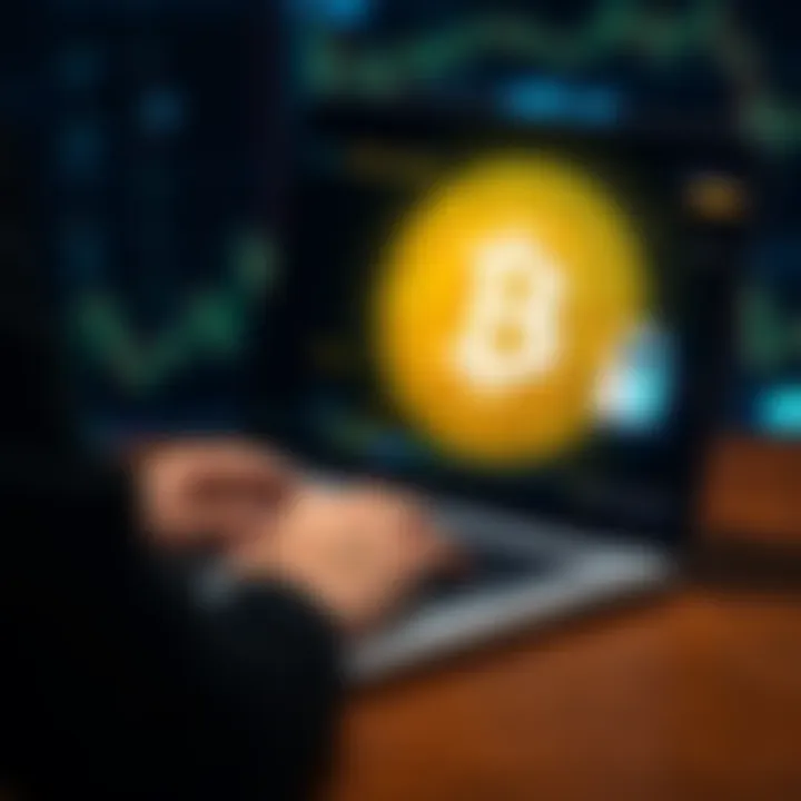 A person using a laptop with a Bitcoin logo on the screen, showing a secure wallet interface and a lock symbol for security.