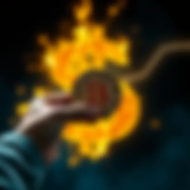 A person holding a Bitcoin coin while standing in front of a fading dollar sign, symbolizing the shift from fiat to cryptocurrency.