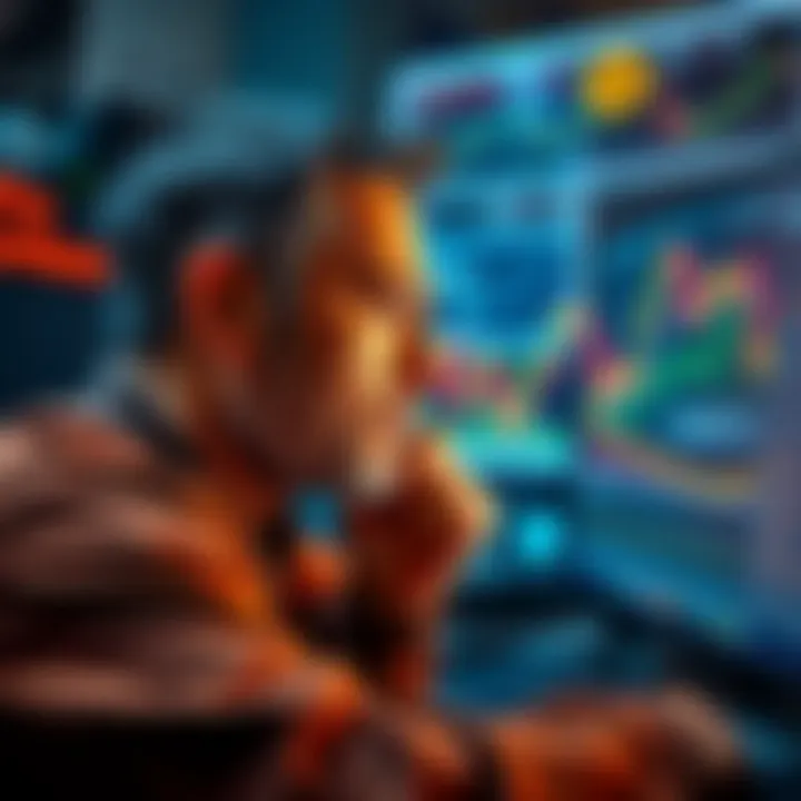 A long-time Bitcoin supporter looking thoughtfully at a computer screen with Bitcoin graphs and news articles around
