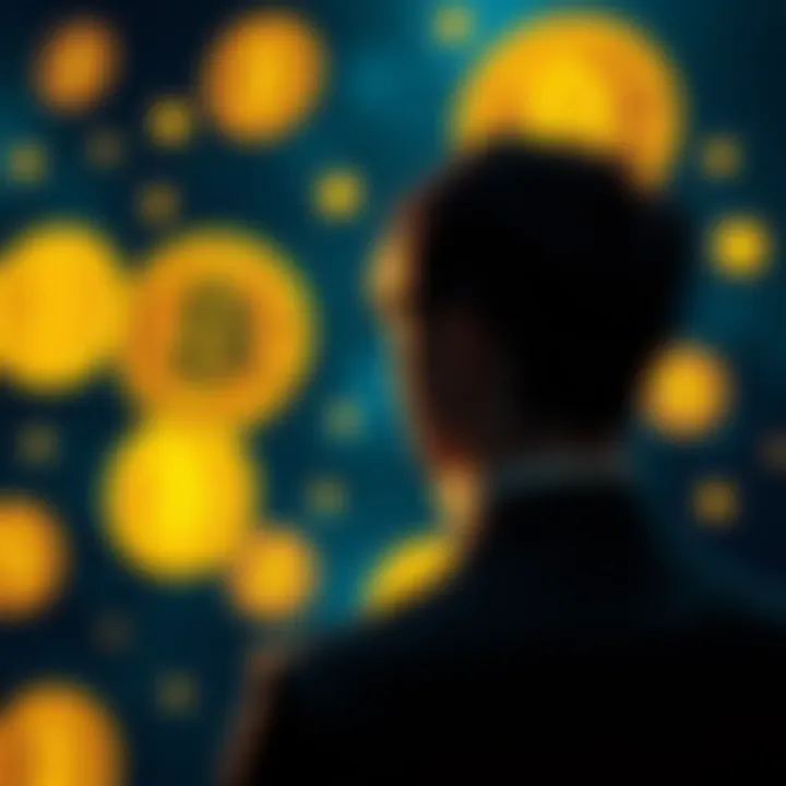 A person contemplating financial choices with Bitcoin symbols in the background, reflecting on different perspectives