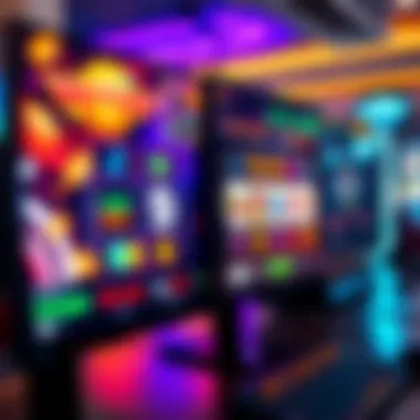 A computer screen displays colorful Bitcoin slot games, with spinning reels and vibrant symbols, showing a mix of excitement and potential winnings in a gaming environment