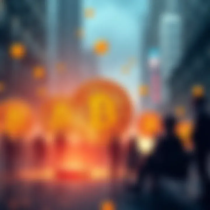 A visual representation showing Bitcoin symbols with people discussing relationships and economic issues in the background.
