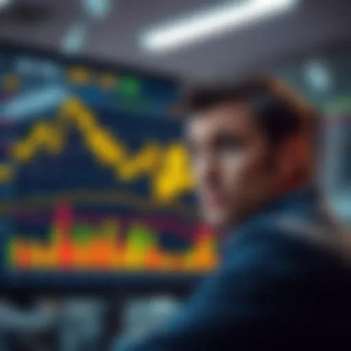 An investor looks worried while staring at a chart showing Bitcoin's drop in value during the FTX collapse, reflecting on their decision to sell.