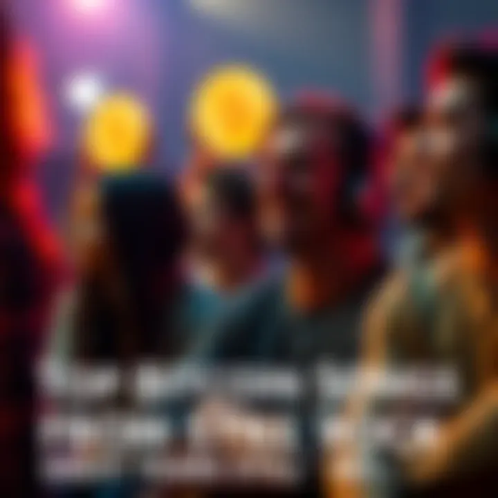 A diverse group of people enjoying music related to Bitcoin, with one person wearing headphones and others discussing songs