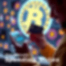 A person using a smartphone to set rules for Bitcoin spending while holding a credit card, with Bitcoin symbols in the background.