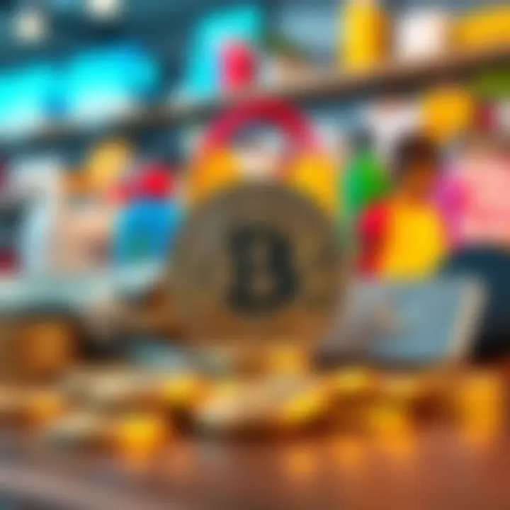 A stack of Bitcoin coins next to cash and various shopping items like groceries and electronics, illustrating options for spending or selling Bitcoin.