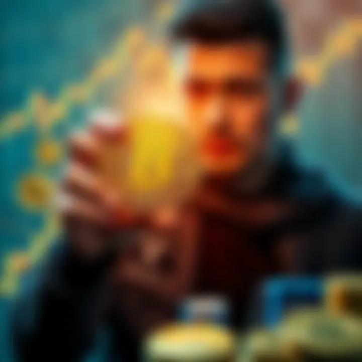 A person holding a Bitcoin in their hand with a chart showing increasing value in the background. They look determined while surrounded by Bitcoin-related items.