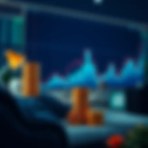 A person relaxing while stacking Bitcoin, with graphs showing a downward trend in the background.