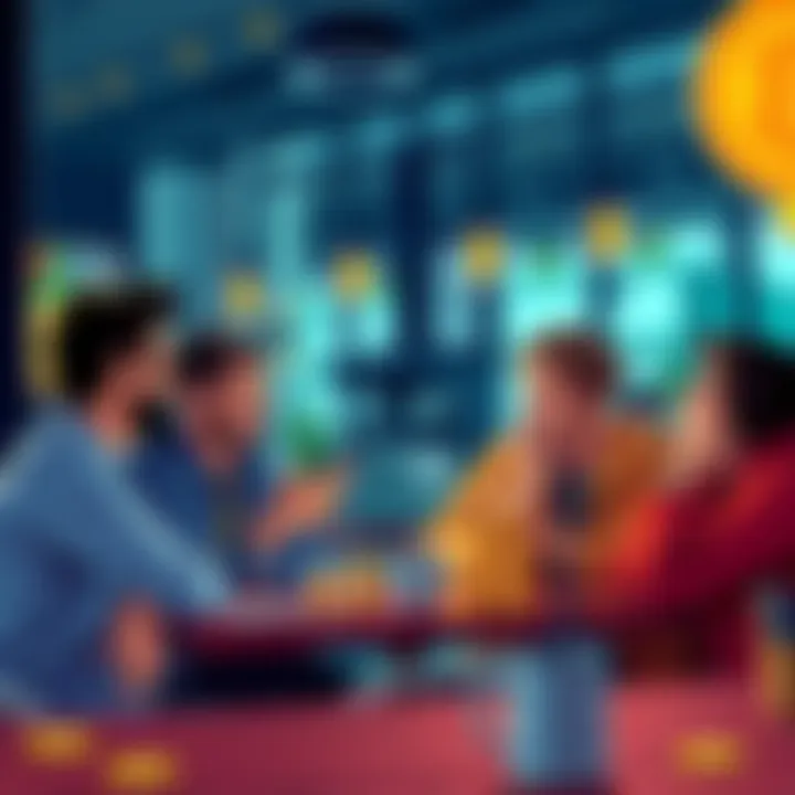 A group of friends discussing Bitcoin investments at a coffee shop, showing excitement and engagement in cryptocurrency conversations.