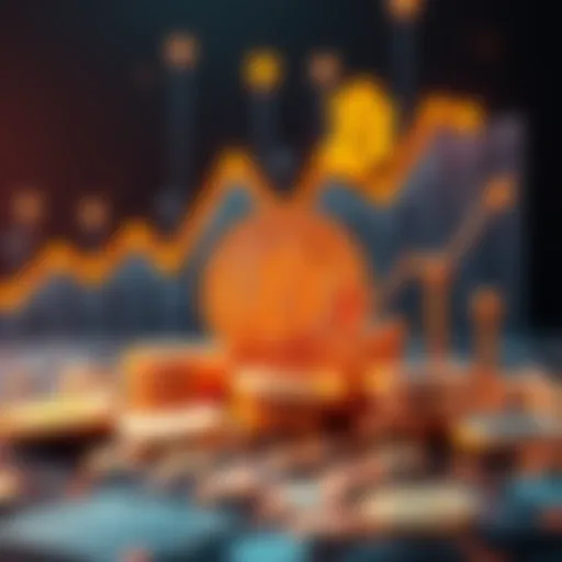 A digital representation of Bitcoin staking, showing coins, a blockchain, and financial growth symbols, highlighting the concept of decentralized finance.