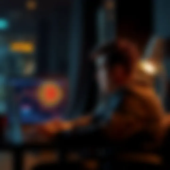A person contemplating Bitcoin staking with a laptop open, showing graphs and Bitcoin symbols.