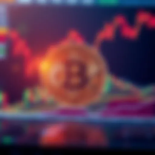 A Bitcoin symbol overlaid with a fluctuating stock market graph, illustrating contrasting investment trends.