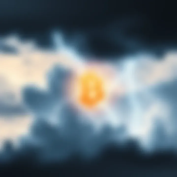 A Bitcoin symbol surrounded by dark clouds and lightning, representing financial uncertainty