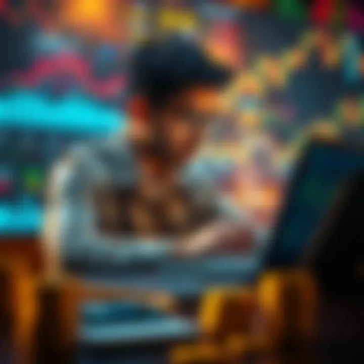 A person analyzing Bitcoin trends on a laptop, surrounded by financial charts and graphs.