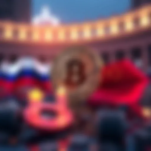 A visual representation of Bitcoin with flags of China and Russia, symbolizing their involvement in cryptocurrency strategy.