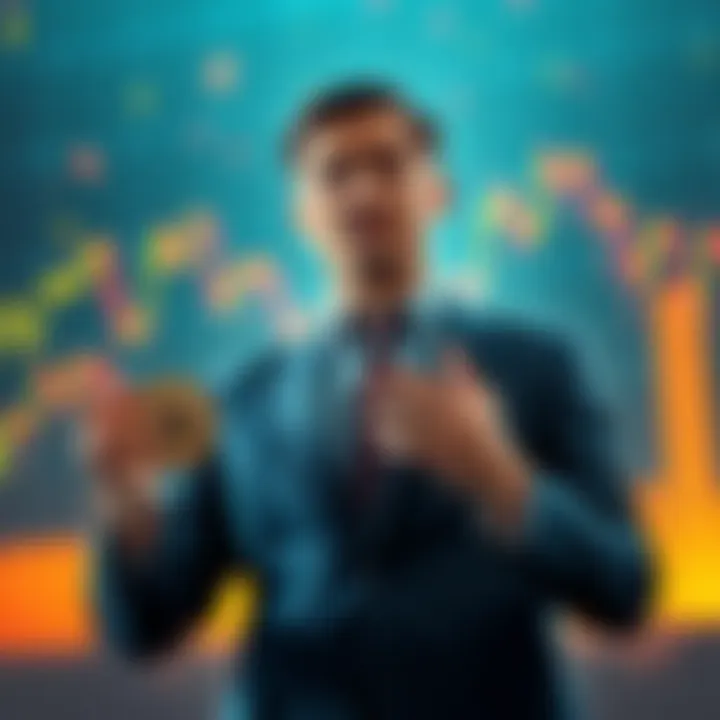 A confident figure discussing cryptocurrency strategies amidst falling Bitcoin charts and graphs, emphasizing resilience.