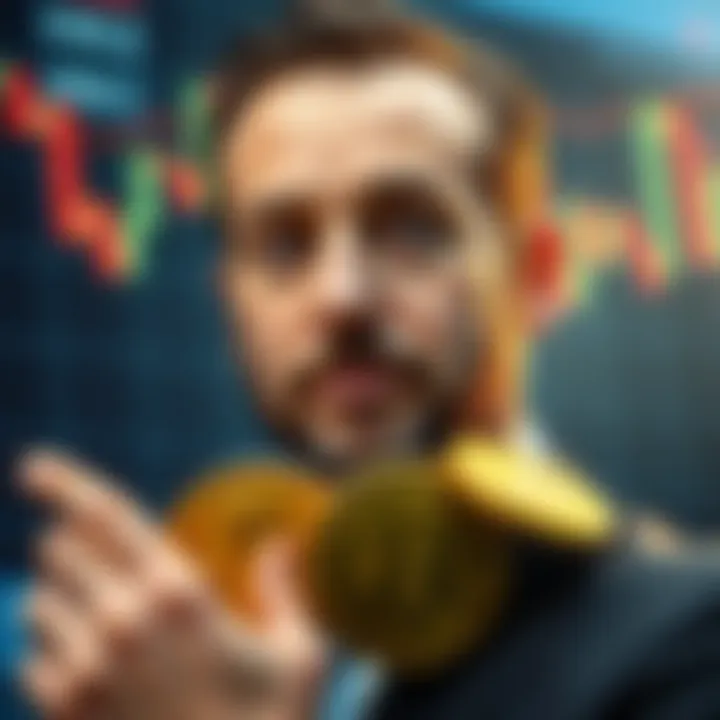 Michael Saylor with Bitcoin coins and a stock chart background, indicating financial strategy