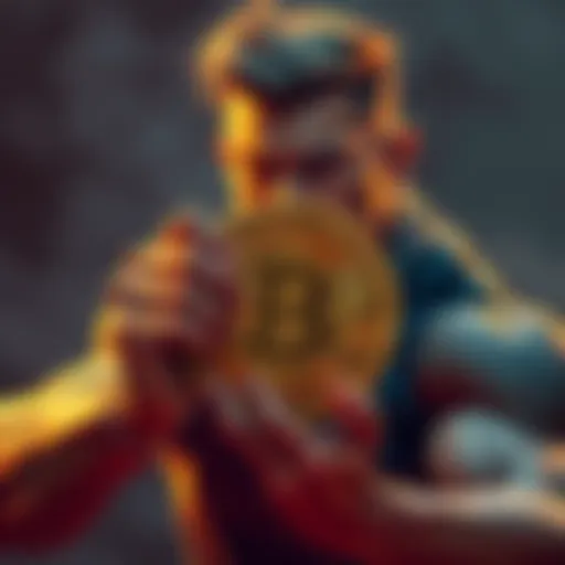 A strong person holding a Bitcoin symbol with a determined expression, symbolizing resilience in cryptocurrency investment