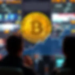 A graph showing Bitcoin's value dropping significantly amidst headlines about safe havens. Investors look worried as they discuss their options.