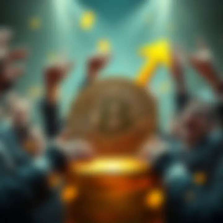 A graphic showing a Bitcoin coin with an upward arrow indicating a price surge to $10 million, surrounded by excited investors.