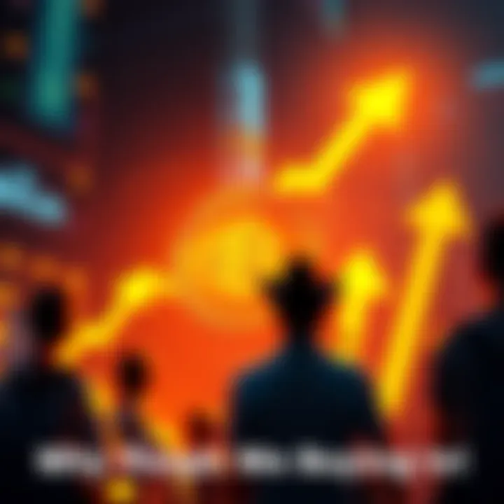 Graphic showing people investing in Bitcoin with upward trend arrows