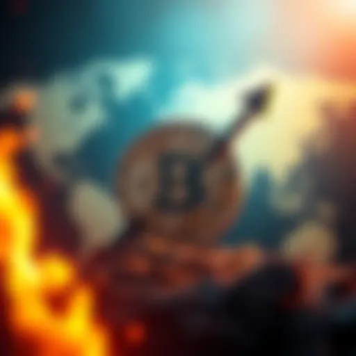 Bitcoin Value Surge Bitcoin logo with an upward arrow and a backdrop of a world map symbolizing the end of the Iran War