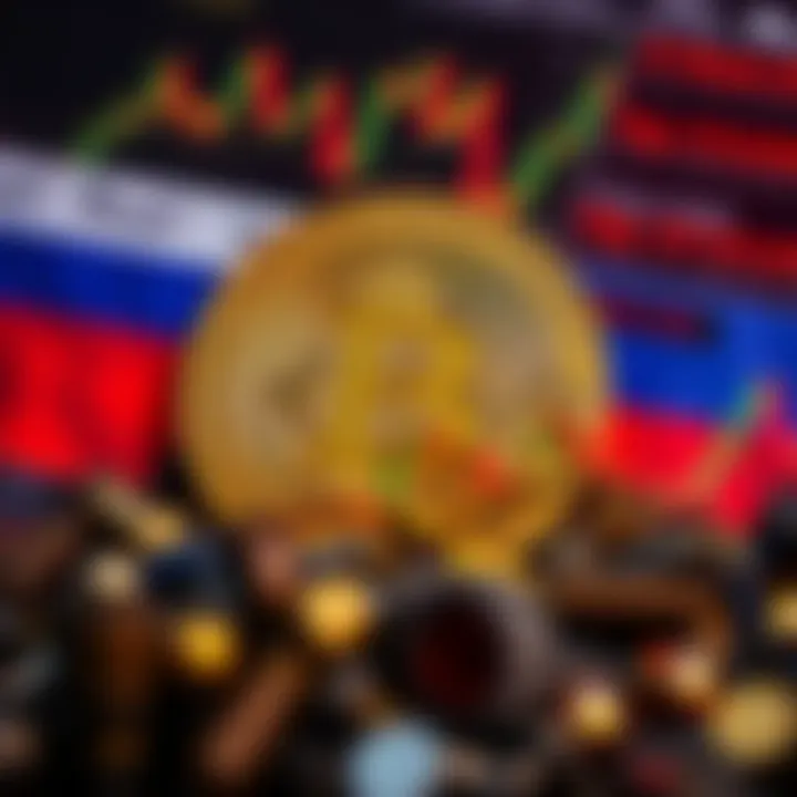 Bitcoin Surge Amid Russian Capital Outflows Bitcoin symbol with a backdrop of financial charts and elements representing Russia's instability