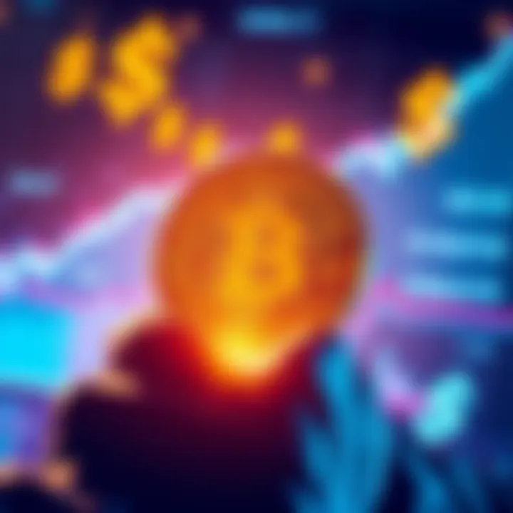 A graphic showing Bitcoin symbol rising dramatically with a backdrop of financial charts and dollar signs, symbolizing potential value increase.
