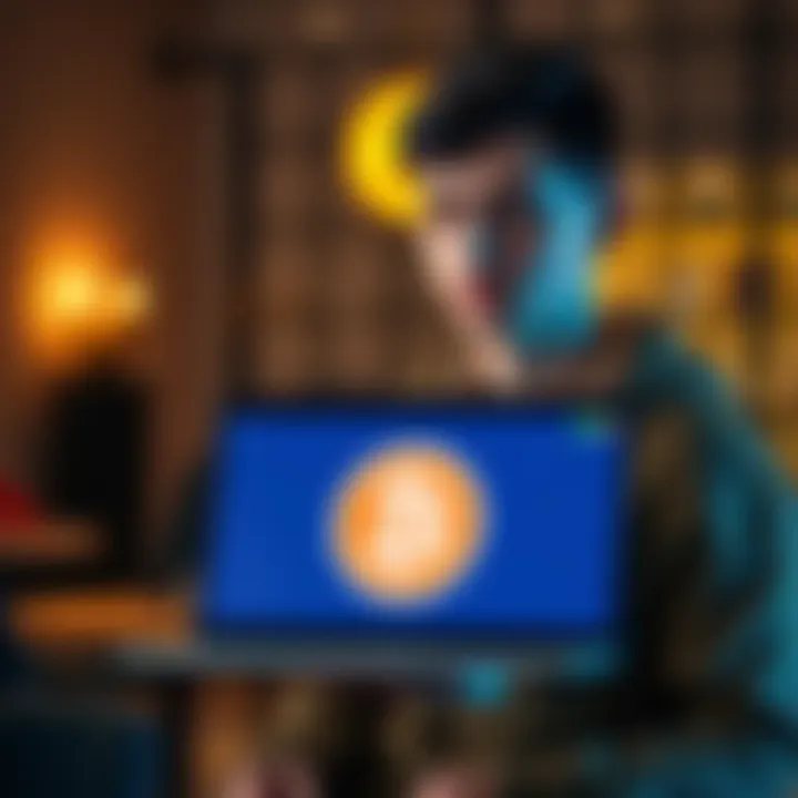 A student holding a laptop displaying a Bitcoin logo, inviting people to take part in a survey