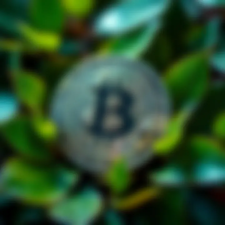 A Bitcoin symbol surrounded by green leaves representing sustainability and wealth growth