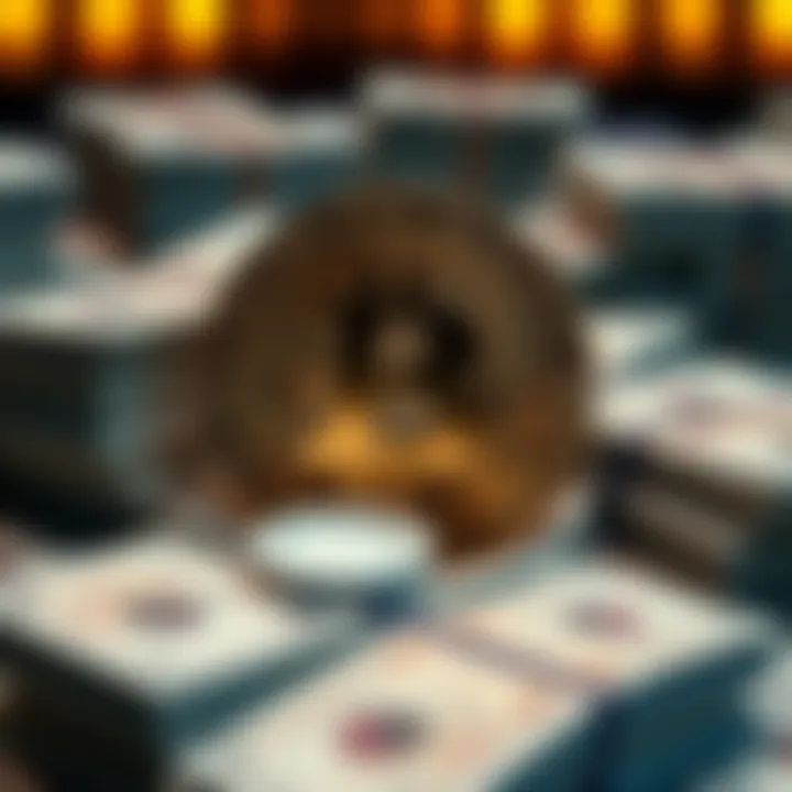 A golden Bitcoin symbol surrounded by stacks of cash, representing financial growth and wealth from owning Bitcoin.
