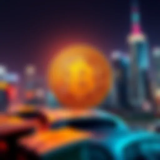 A shiny Bitcoin symbol in front of a blurred cityscape representing financial freedom and independence.