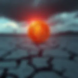 A Bitcoin symbol on a cracked ground with a dark sky, representing survival amidst disaster.