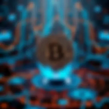An image of the Bitcoin symbol in the center, surrounded by graphics representing mining pools and exchanges, highlighting centralization in the Bitcoin ecosystem