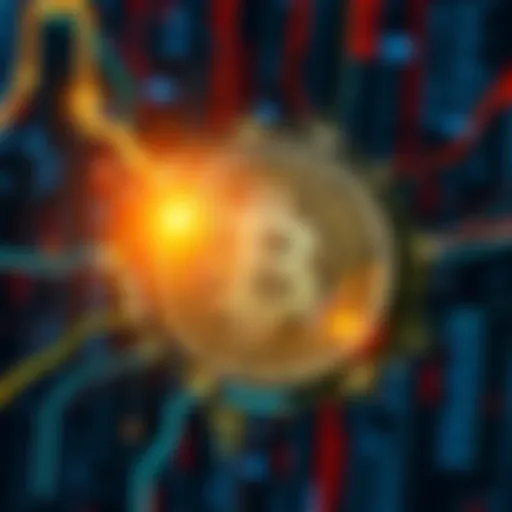 A Bitcoin symbol surrounded by binary code and digital patterns, representing the cryptocurrency's role in the digital economy.