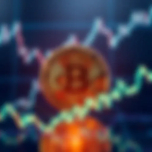 A Bitcoin symbol surrounded by a fluctuating price graph, representing speculation and market trends in cryptocurrency.