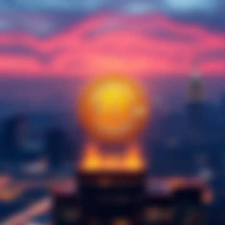 A glowing Bitcoin symbol in the center with a backdrop of a city skyline representing financial hope and stability