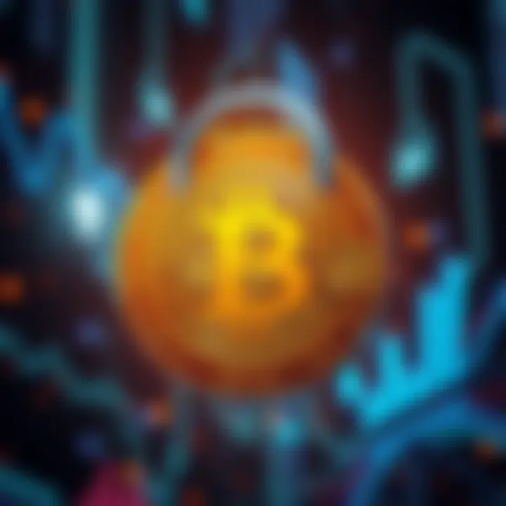A Bitcoin symbol surrounded by a padlock indicating security and protection of assets.
