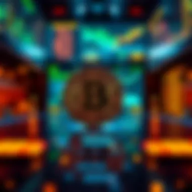 A Bitcoin symbol in front of digital screens displaying financial data and technology elements.