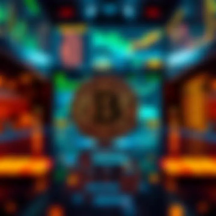 Bitcoin Symbol and Modern Technology A Bitcoin symbol in front of digital screens displaying financial data and technology elements.