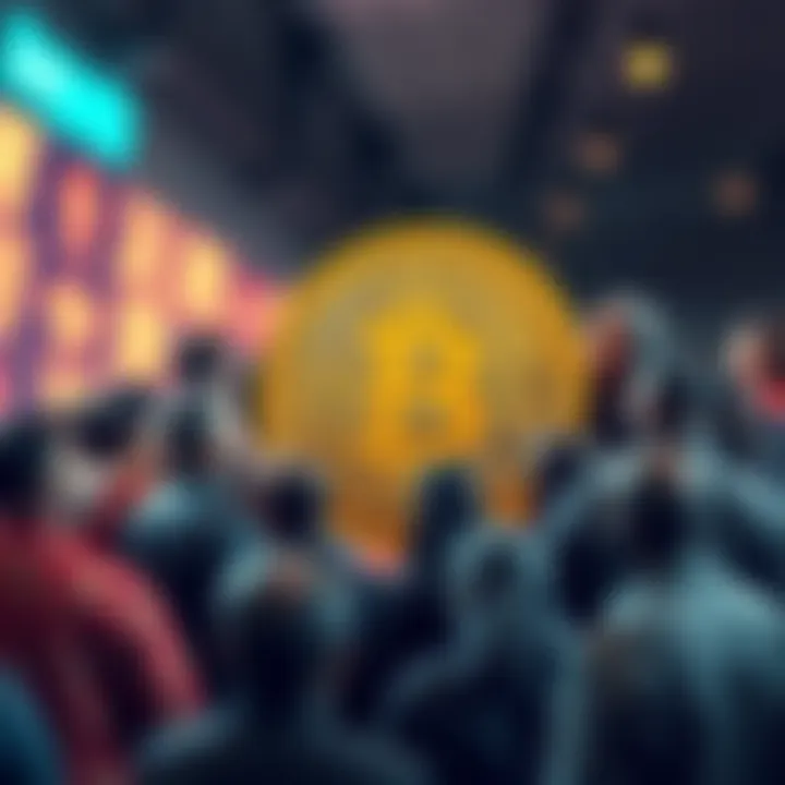 Bitcoin Symbol with People A Bitcoin symbol surrounded by diverse people discussing financial freedom and inequality, illustrating the impact of cryptocurrency on everyday lives.