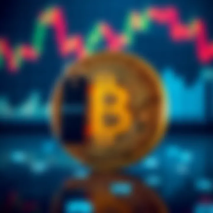 A Bitcoin symbol with a price tag showing a decrease, representing its drop to $62,000. The background shows a digital chart indicating fluctuation in cryptocurrency value.