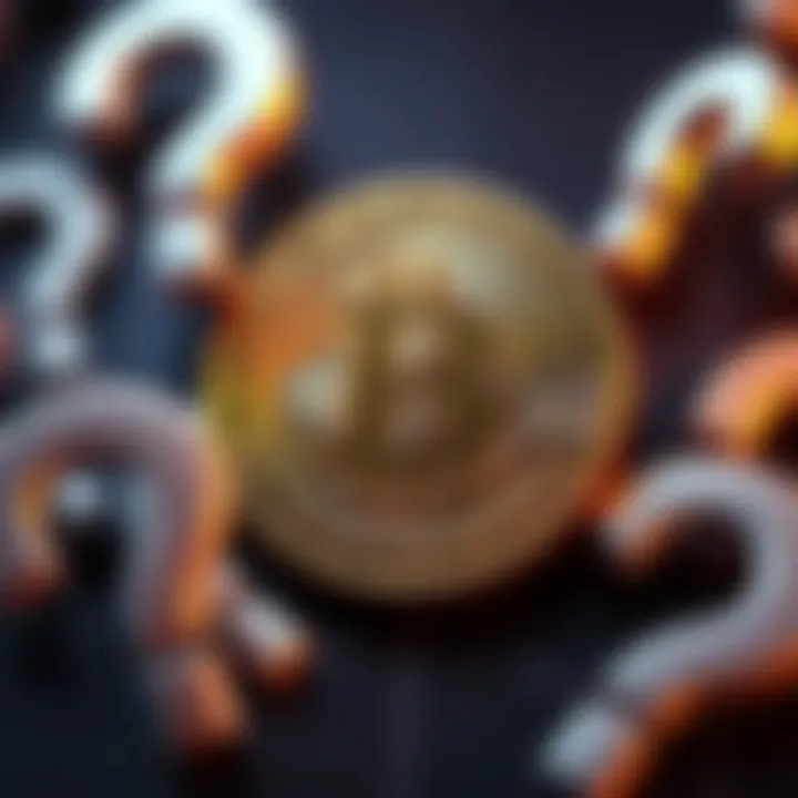 A Bitcoin symbol surrounded by question marks, representing confusion about its value.