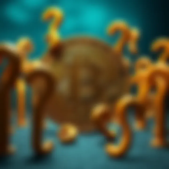 A large Bitcoin symbol surrounded by question marks, symbolizing uncertainty in its value and legitimacy