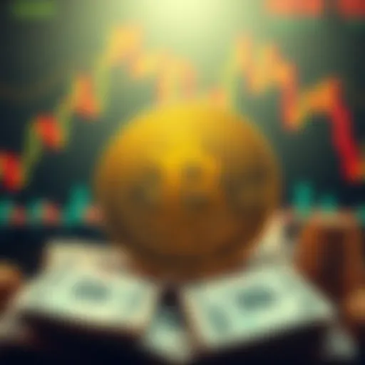 Gold Bitcoin symbol against a backdrop of fluctuating financial graphs and currency notes, symbolizing strength and stability in volatile markets.