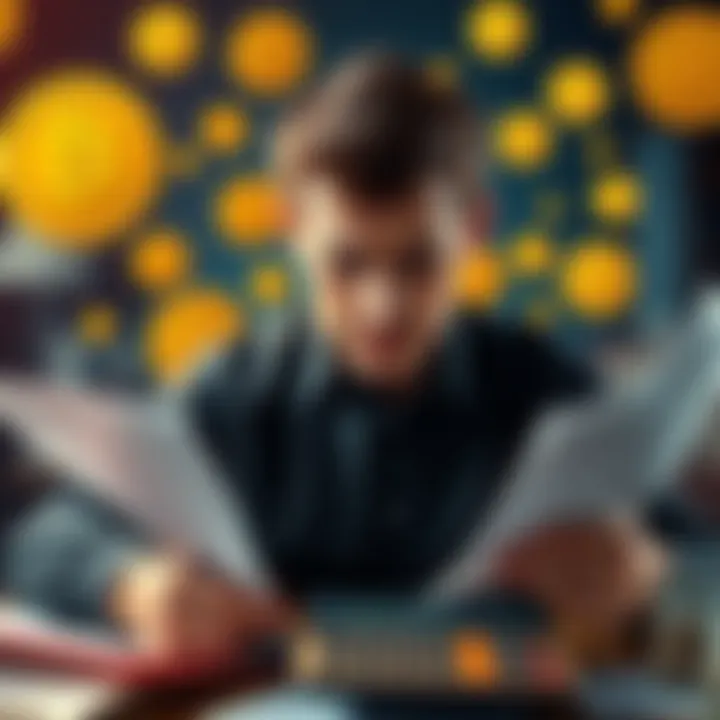 A person looking stressed with papers and a calculator, surrounded by Bitcoin symbols and tax forms